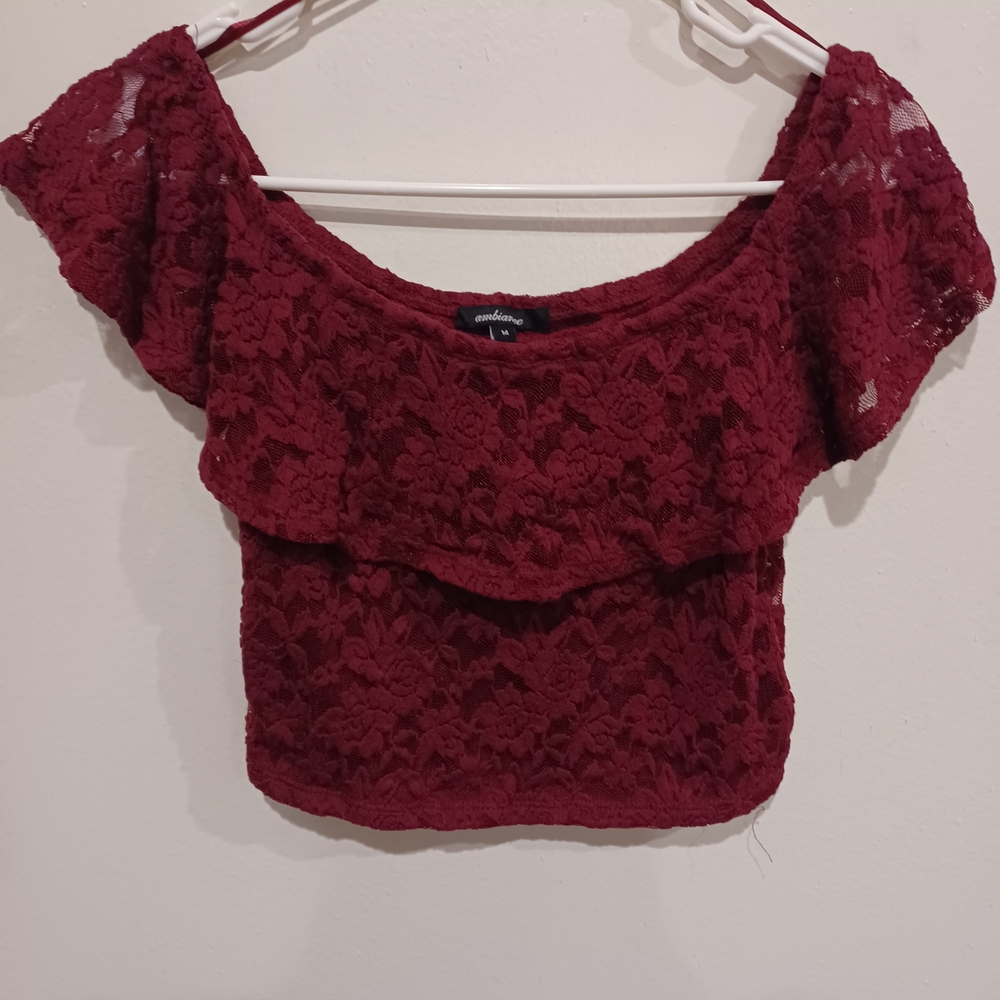 Ambiance Burgundy Lace Off-Shoulder Blouse